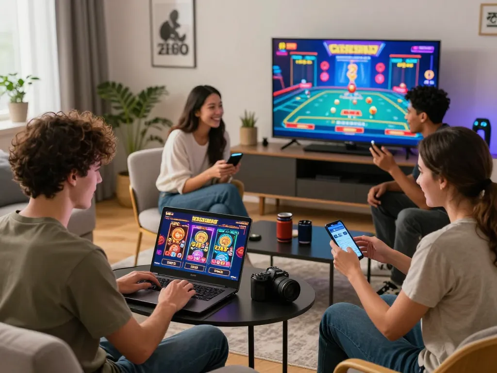 Players enjoying EE88 gaming on multiple devices in a cozy living room