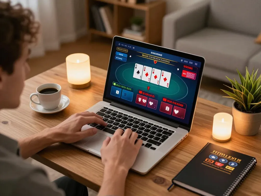 LUCK8 player enjoying an online poker game on laptop with cozy home ambiance