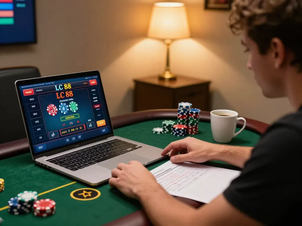 Player using LC 88 casino app on laptop for online gambling, showcasing a cozy and strategic gaming environment.