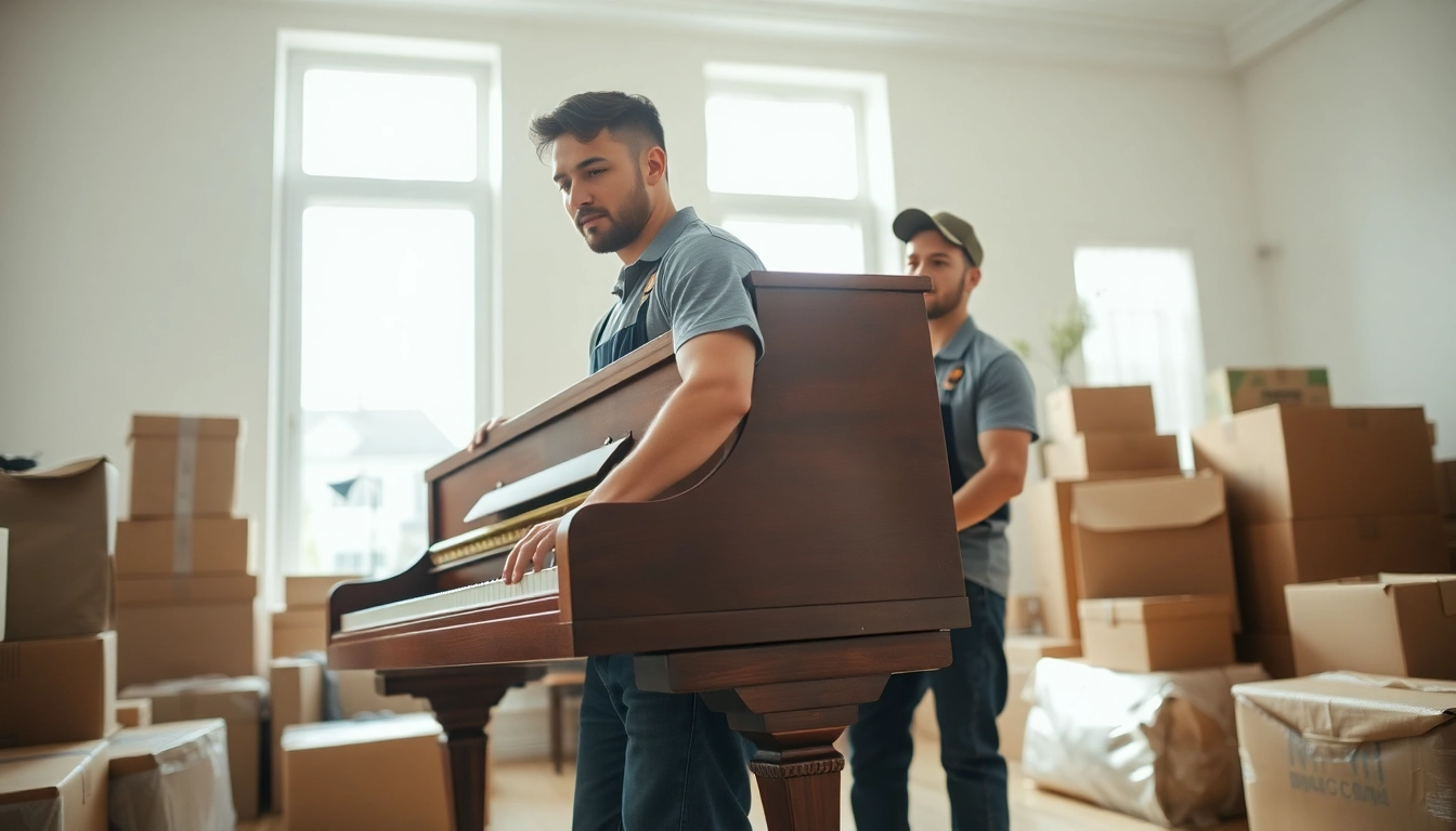 Movers providing specialty moving services Savannah GA handle a vintage piano carefully.