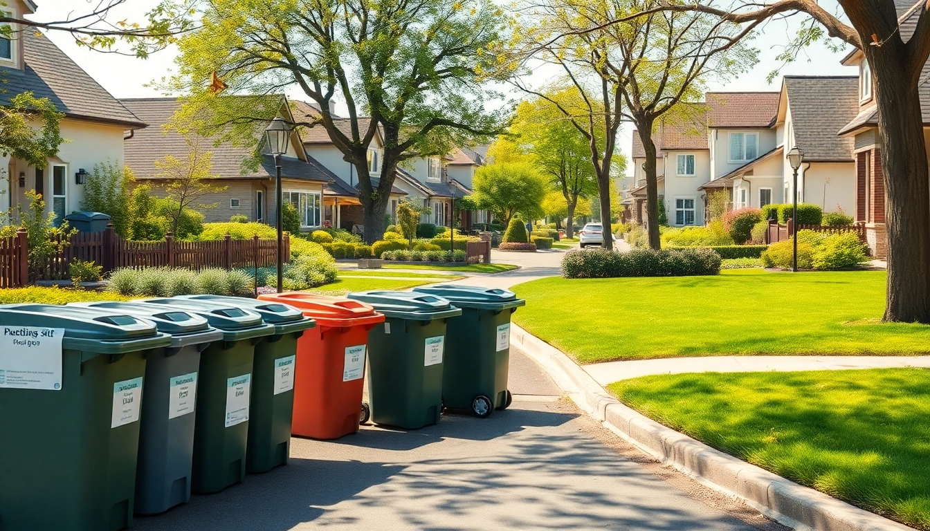 Residents coordinating cold lake garbage schedule with organized waste bins on a sunny street.