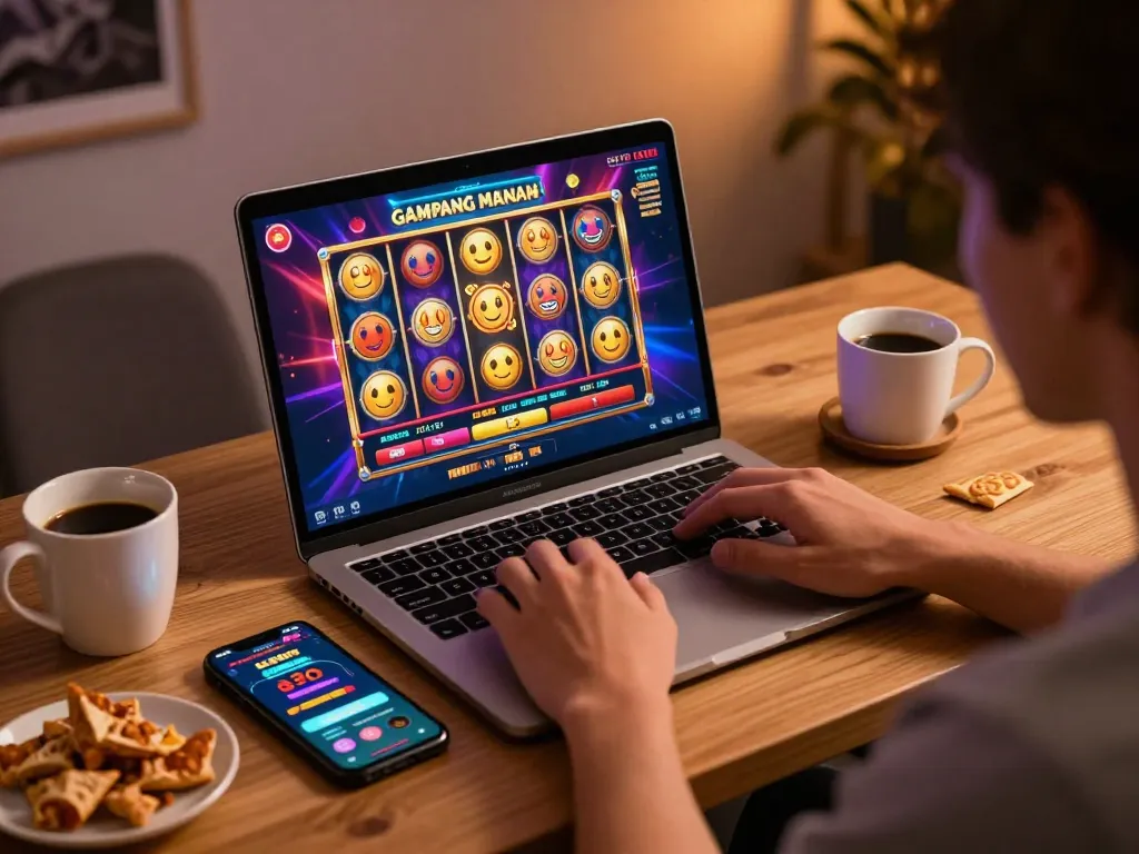 Engaging in slot gacor gampang menang gameplay on a laptop at home with snacks and cozy lighting