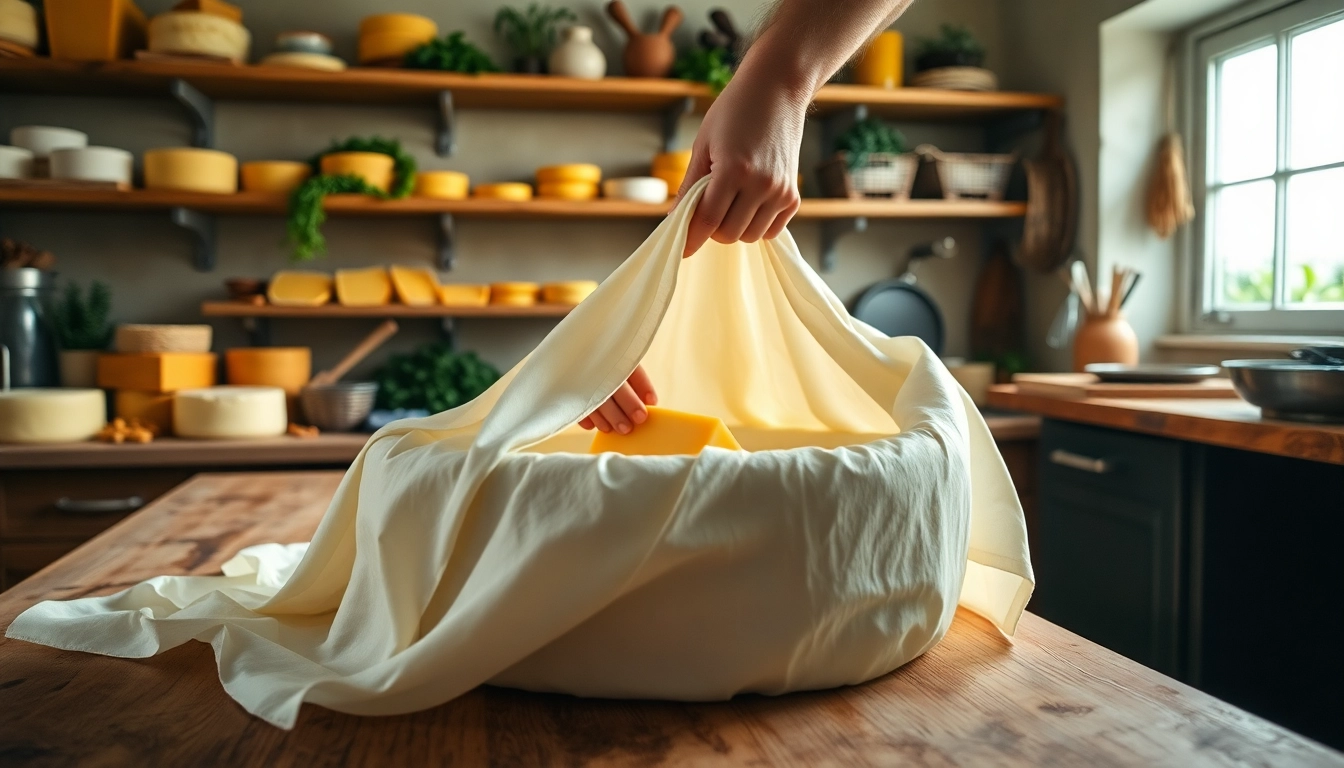 Kaasdoek wordt gebruikt terwijl kaas wordt bereid in een gezellige keukenomgeving.