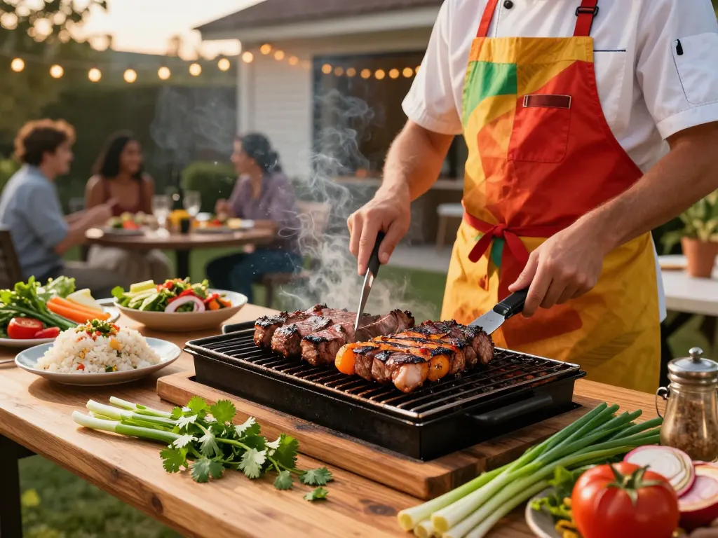 Grilling thai crying tiger steak with fresh veggies and rice in a backyard BBQ setting