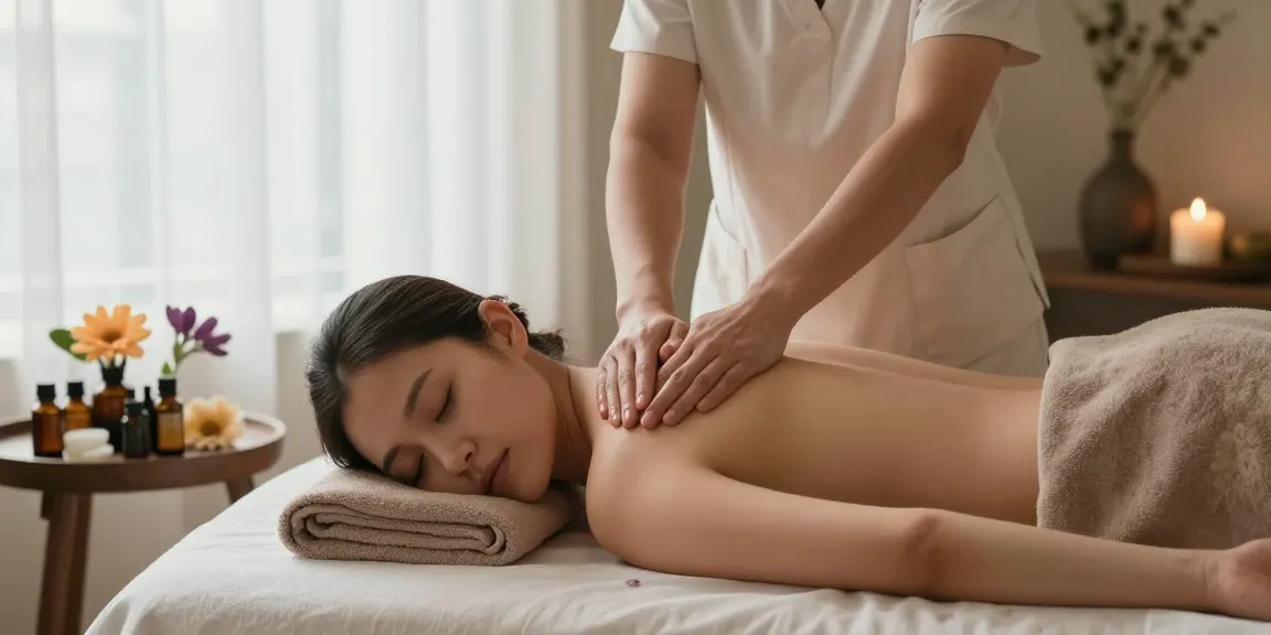 스웨디시 마사지 치료 세션, 편안한 스파 환경에서 고객이 편안히 쉬고 있습니다.