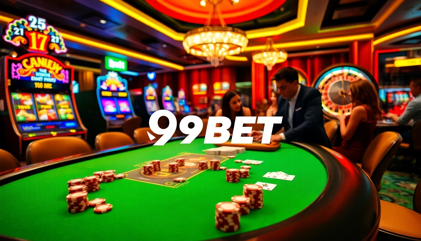 Exciting scene at a 9BET casino with poker games, vibrant slot machines, and roulette.