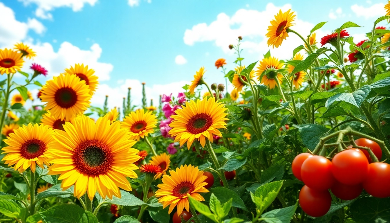 Gardening scene showcasing colorful flowers and vegetables thriving in a sunny garden.