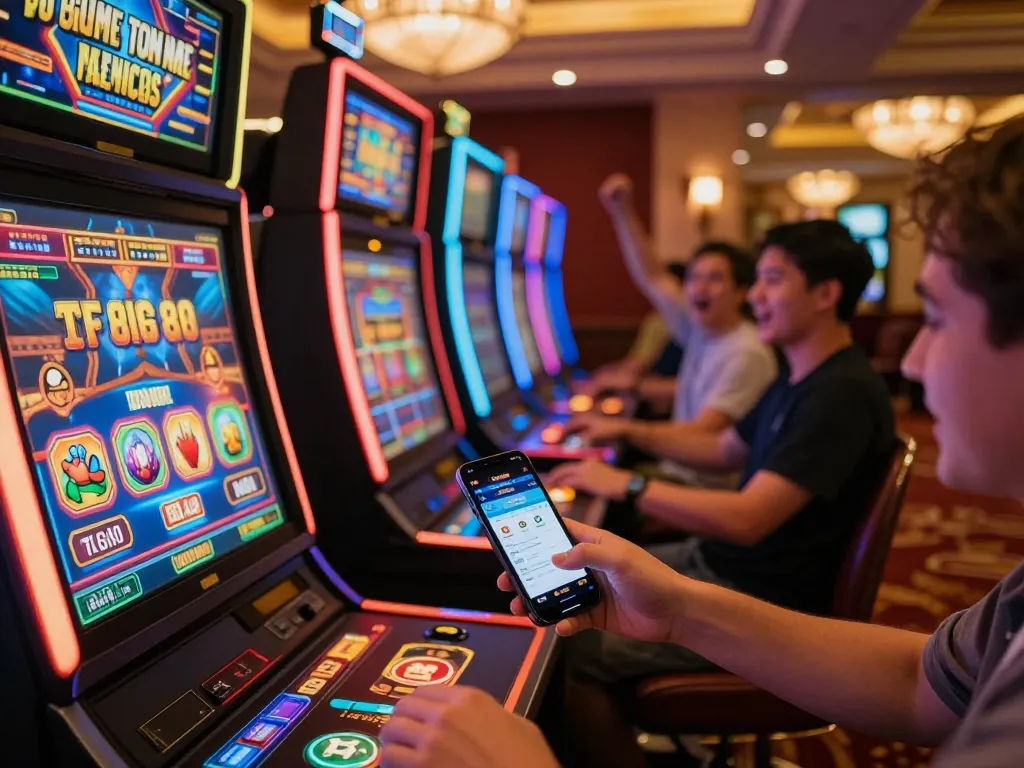 Players celebrating wins at tic88 casino amidst colorful slot machines, showcasing lively gaming atmosphere