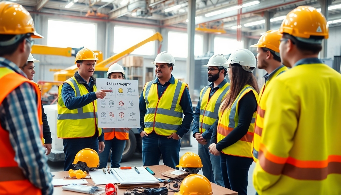 Engaged trainees participate in construction safety training with safety gear in an industrial environment.