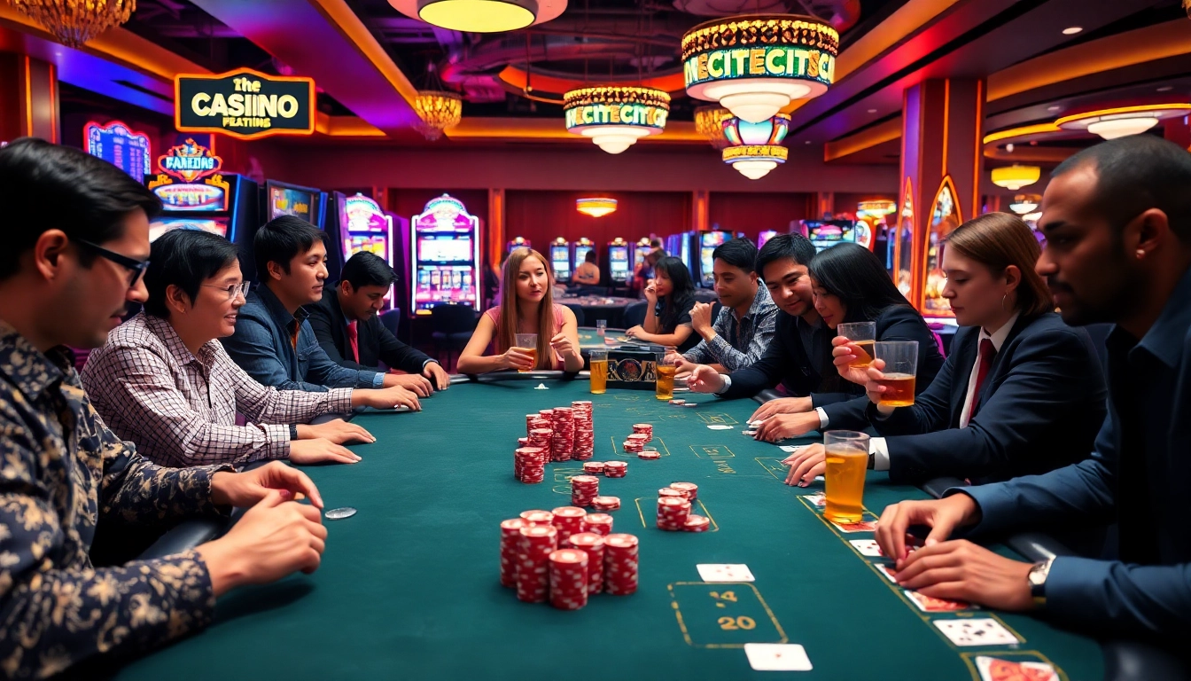 Bermain kasino yang seru dengan ondel4d di meja poker dan mesin slot di latar belakang.