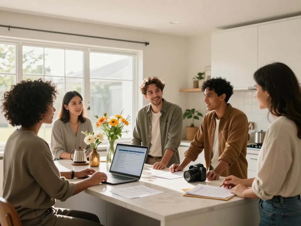 We buy houses for cash discussion in a modern kitchen setting with homeowners and agent