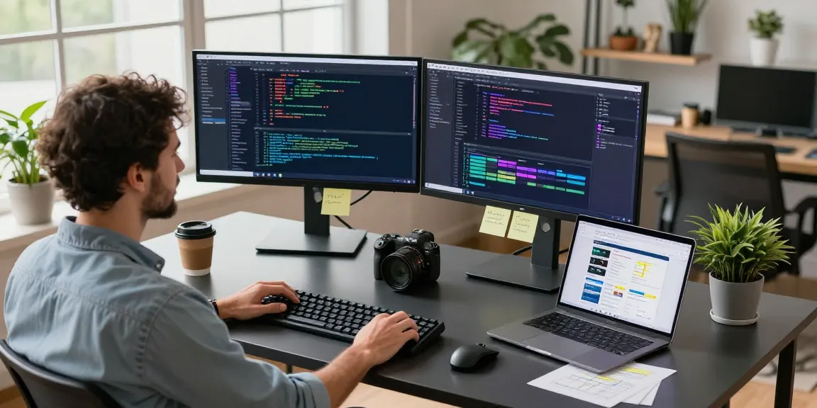 A vibrant tech workspace showcasing a software developer coding at dual monitors, aligned with 纸飞机官网 branding.