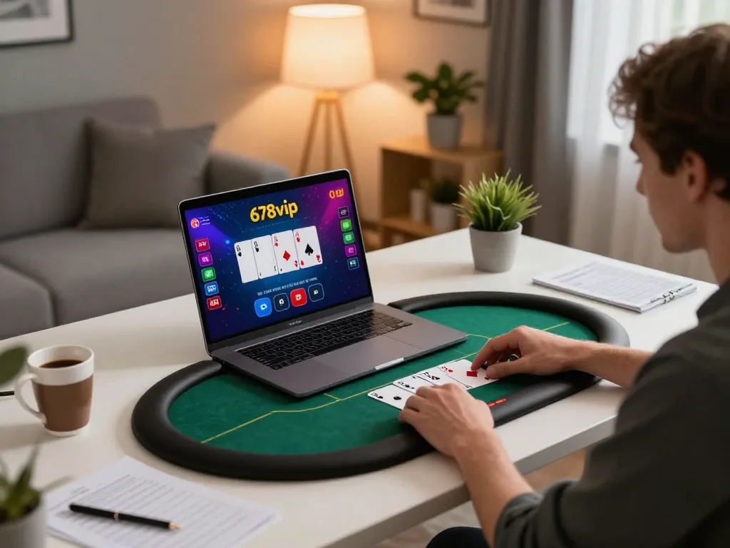 Engaging in poker gameplay on 678vip's online platform from a cozy home office setup