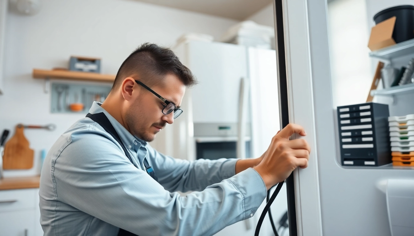 Appliance repair technician fixing a refrigerator in an Ottawa kitchen for appliance repair ottawa.