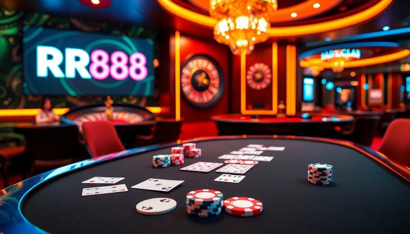Engage with the thrill of RR88 at a luxurious casino table featuring poker chips and cards.