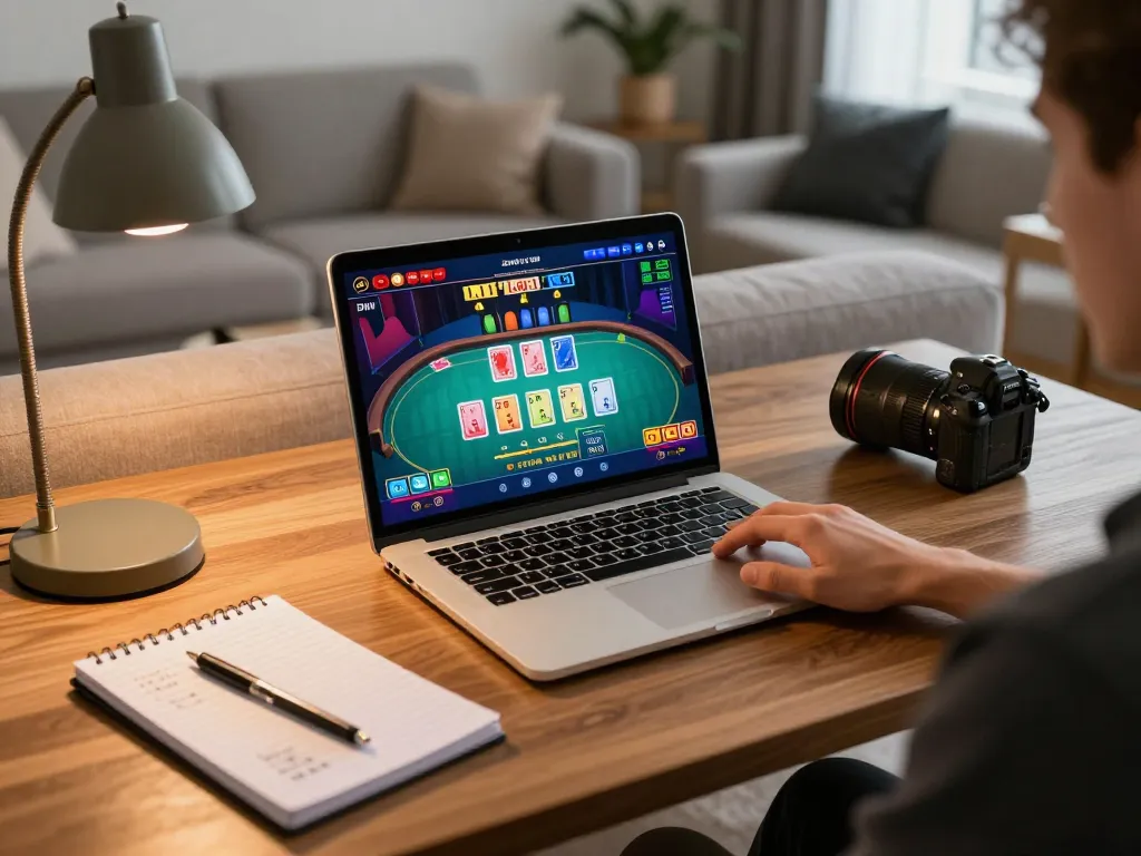 ATQ online gaming setup showcasing a player engaged with vibrant casino game interface at home