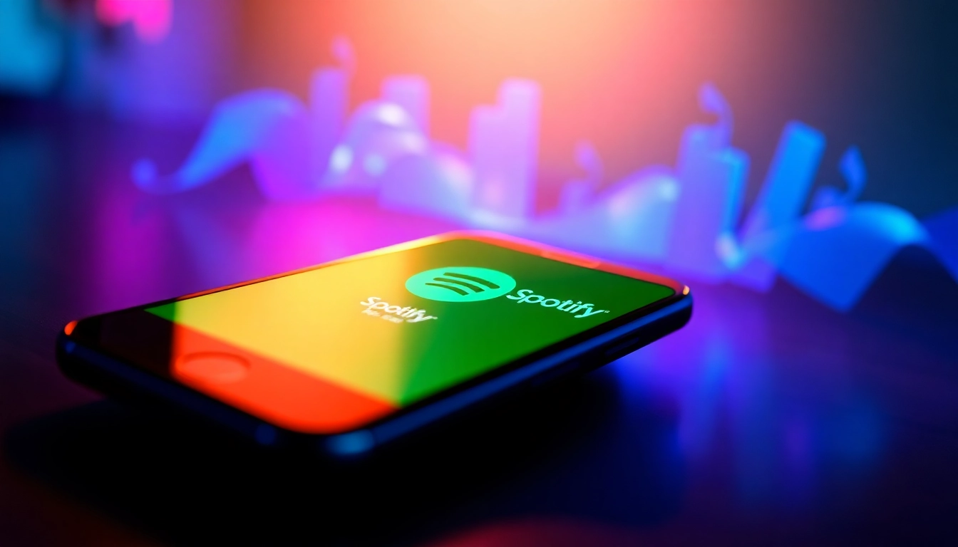 Spotify mod showcased on a smartphone, with dynamic sound waves and vibrant colors.