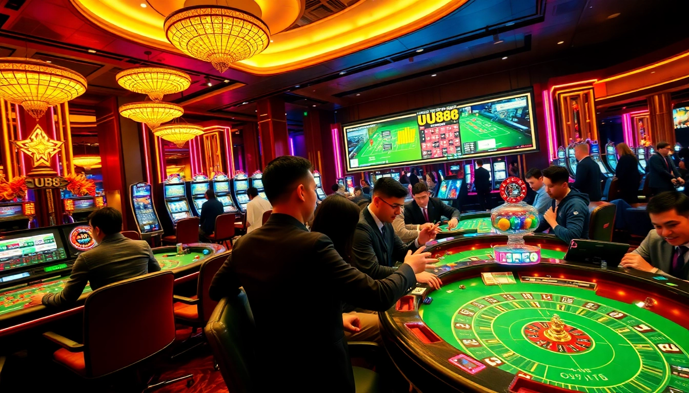 Players enjoying a gaming experience at UU88's luxurious casino, featuring poker, roulette, and slot machines.