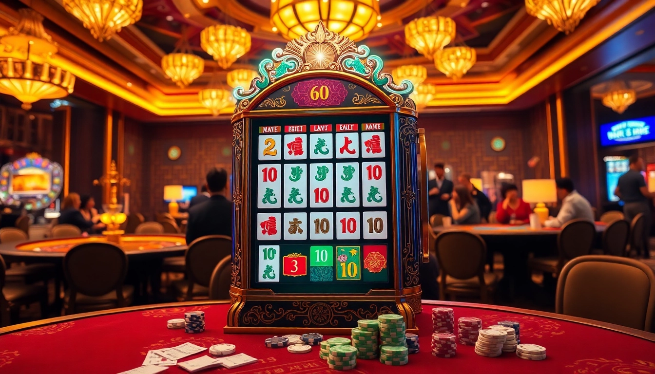 Mesin slot Mahjong Ways 2 yang menarik di kasino mewah yang dipenuhi elemen permainan yang hidup.