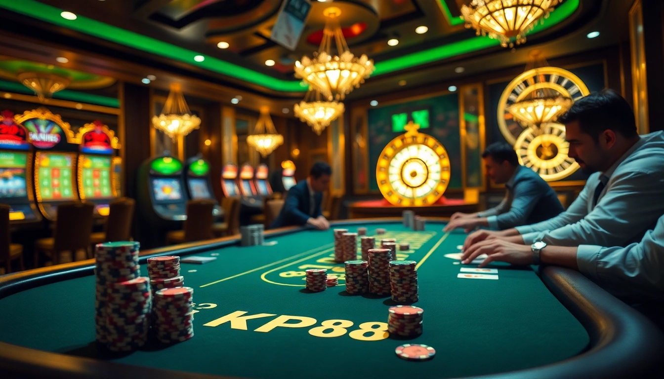 KP88 casino table showcasing intense poker action with vibrant chips and cards.