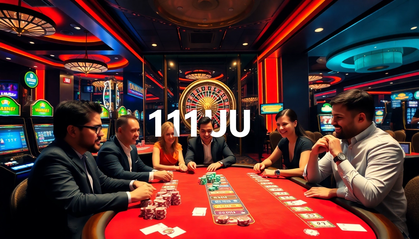 Engaging players at a luxurious casino gaming floor featuring 11UU poker tables and vibrant slots.