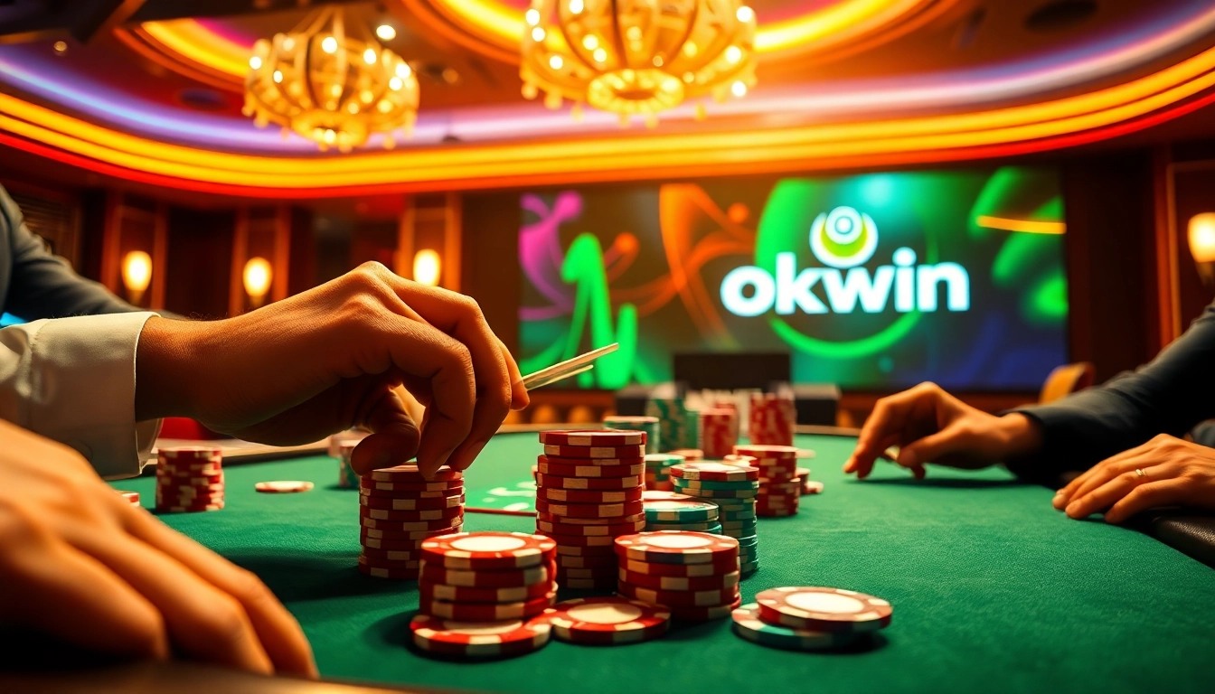 Visualize an exciting poker game at a luxury casino, highlighting Okwin elements with vibrant chips and cards.