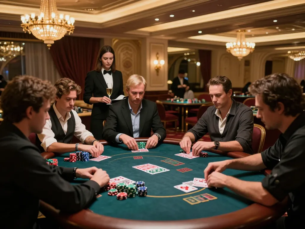 vipwin high-stakes poker game in an elegant casino setting with players and champagne