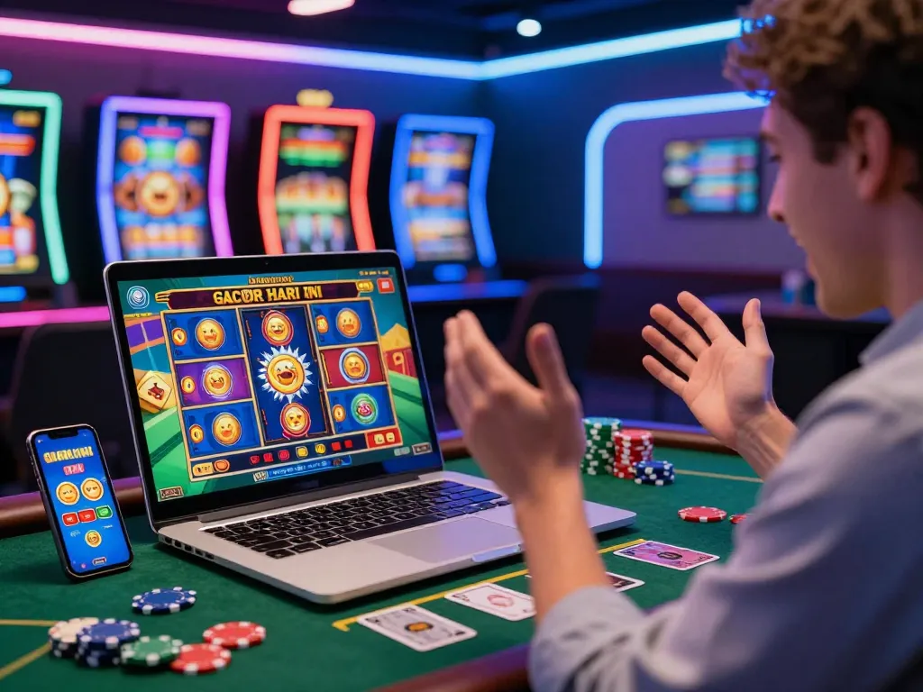 Pemain yang bersemangat merayakan kemenangan di slot gacor hari ini dengan slot digital yang cerah dalam pengaturan permainan modern.