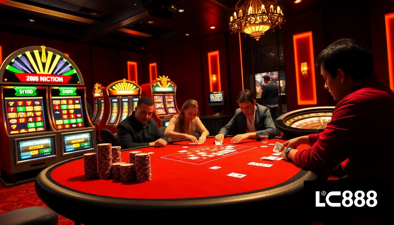Players enjoying a thrilling poker game at lc88.com casino with vibrant atmosphere and luxury touches.