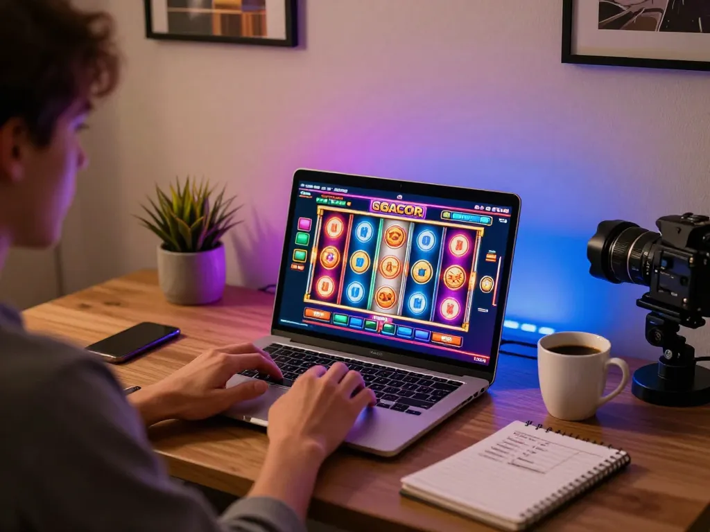 Player engaging with slot gacor gameplay on a laptop in a stylish home office, showcasing an exciting online casino experience.