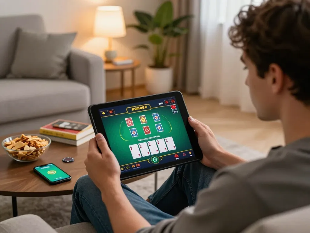 Player enjoying online blackjack on hubet app in a cozy home setting with warm lighting.