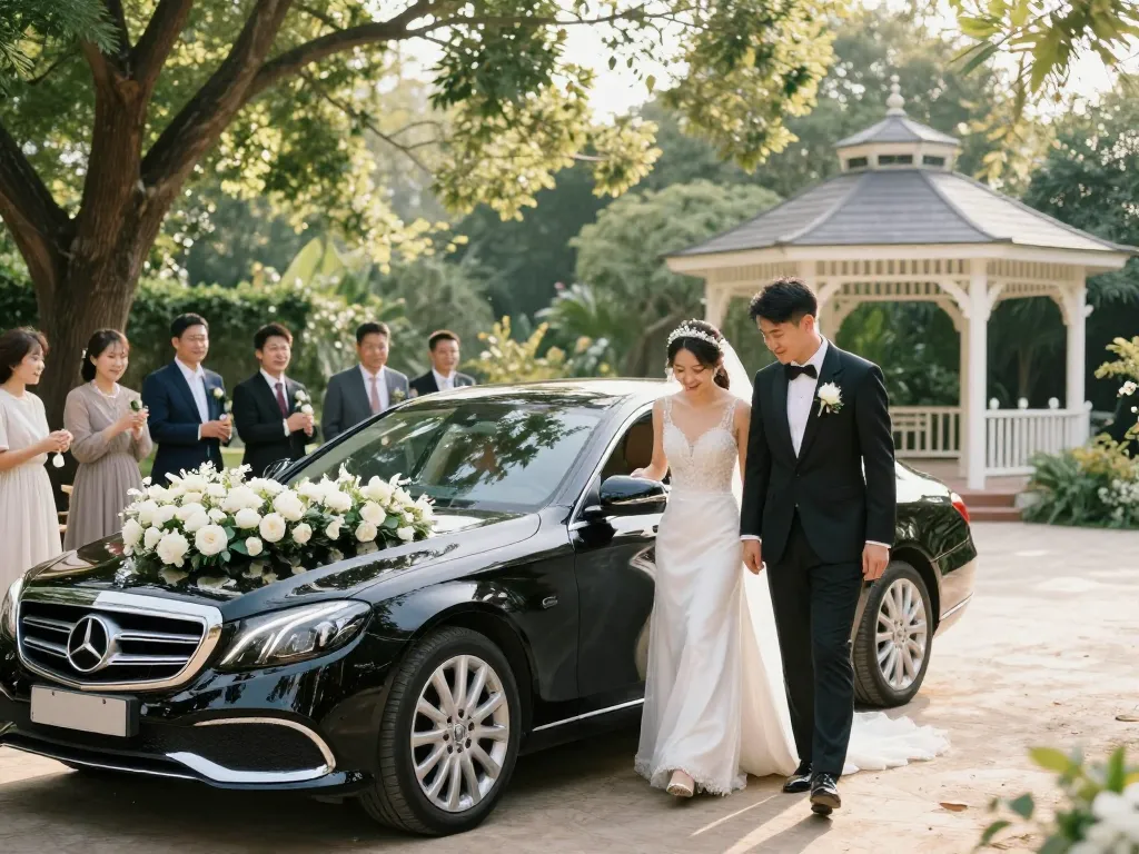 dịch vụ vận chuyển cưới sang trọng với thuê xe cưới Mercedes trong không gian vườn đẹp