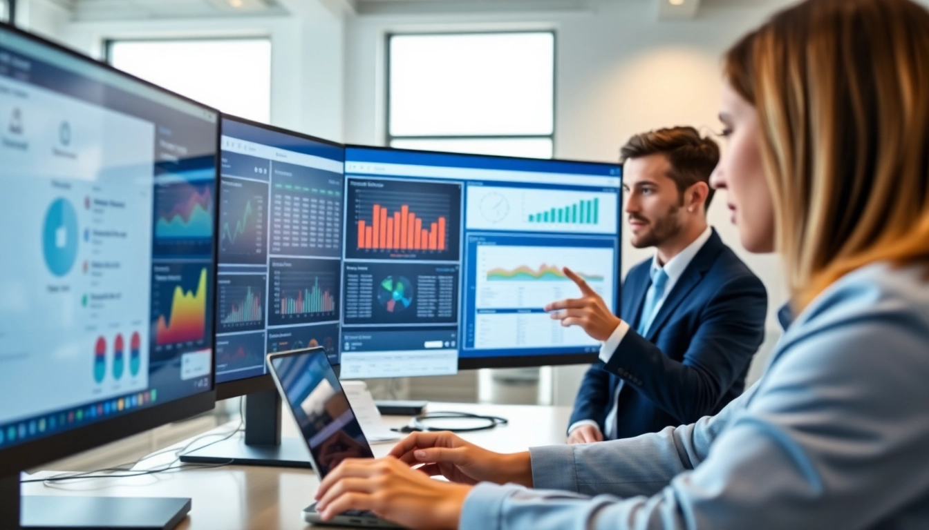 Engaged professional analyzing digital loan origination software on multiple screens in a modern office.