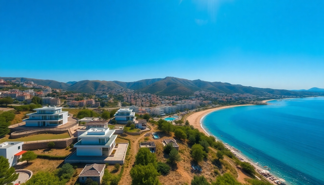 Explore an inviting view of Alanya property sale with modern villas against a sunny beach backdrop.