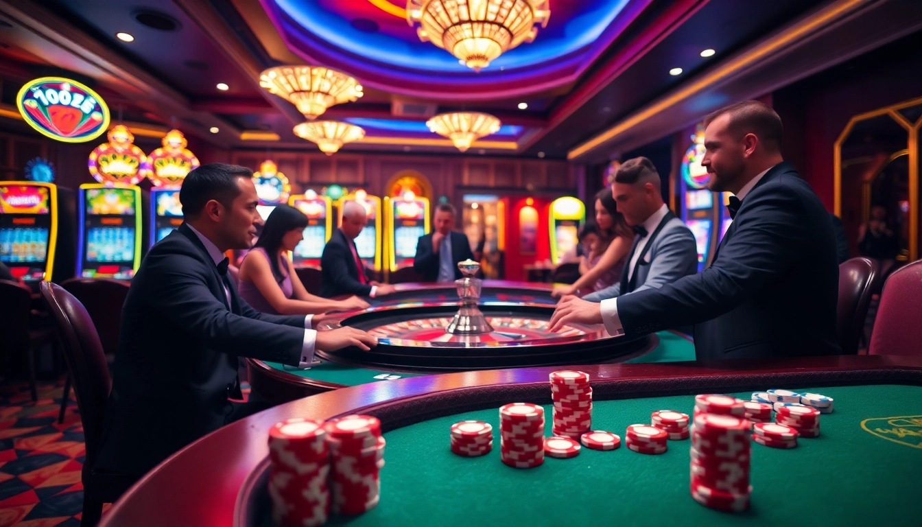 Players enjoying a thrilling gaming experience at cổng game 789club with vibrant casino elements.