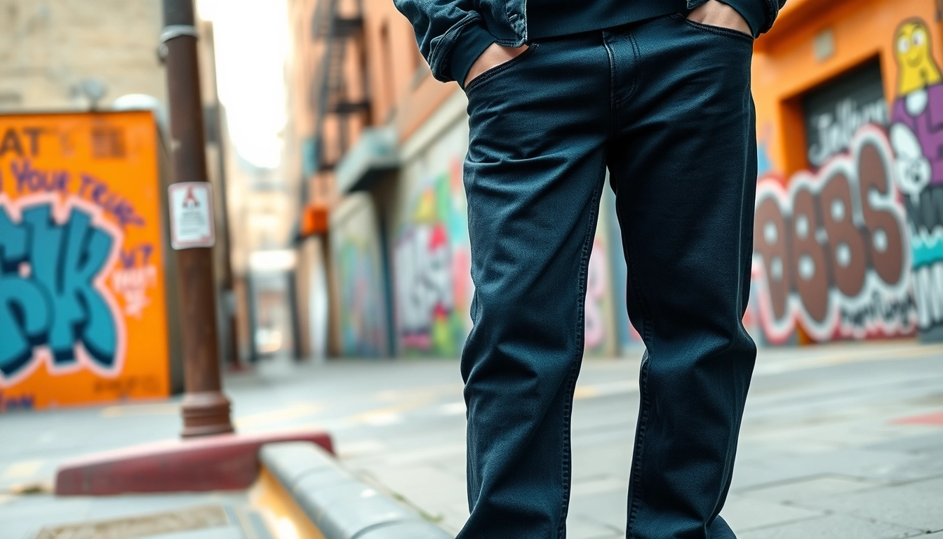 Young adult in baggy black jeans poses confidently on urban street.