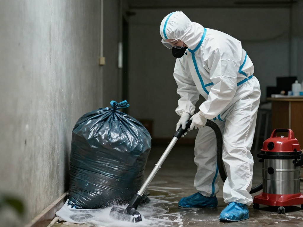 Tatortreinigung Dortmund: Fachkraft bei der professionellen Reinigung eines Tatorts mit Biohazard-Ausrüstung.