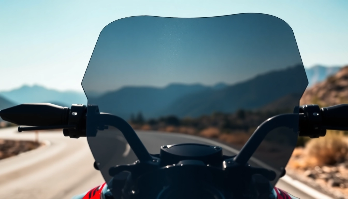 View of motorcycle windshield capturing clarity and design against an outdoor backdrop.