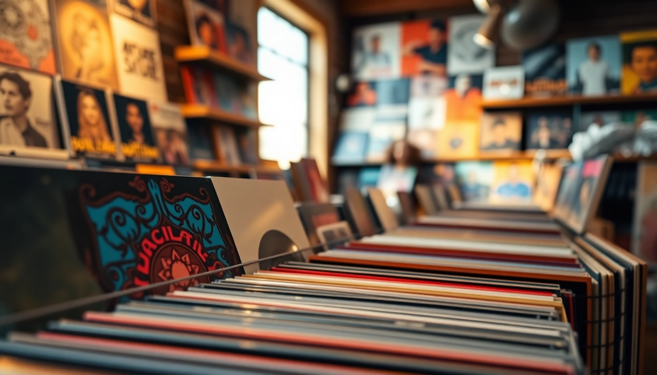 Showcasing vibrant vinyl records with intricate artwork on display in a cozy music shop.