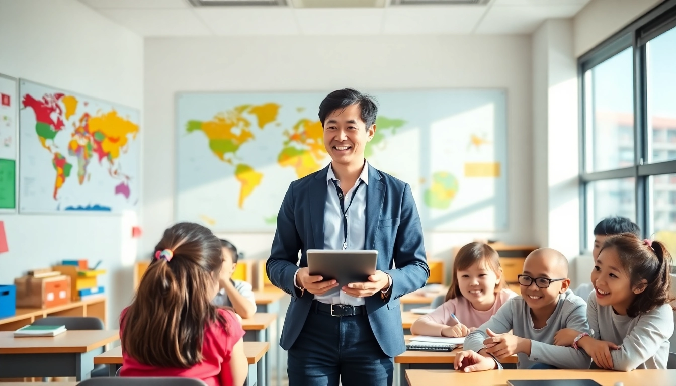 Engaging teacher facilitating learning while teaching English in Taiwan with enthusiastic students.