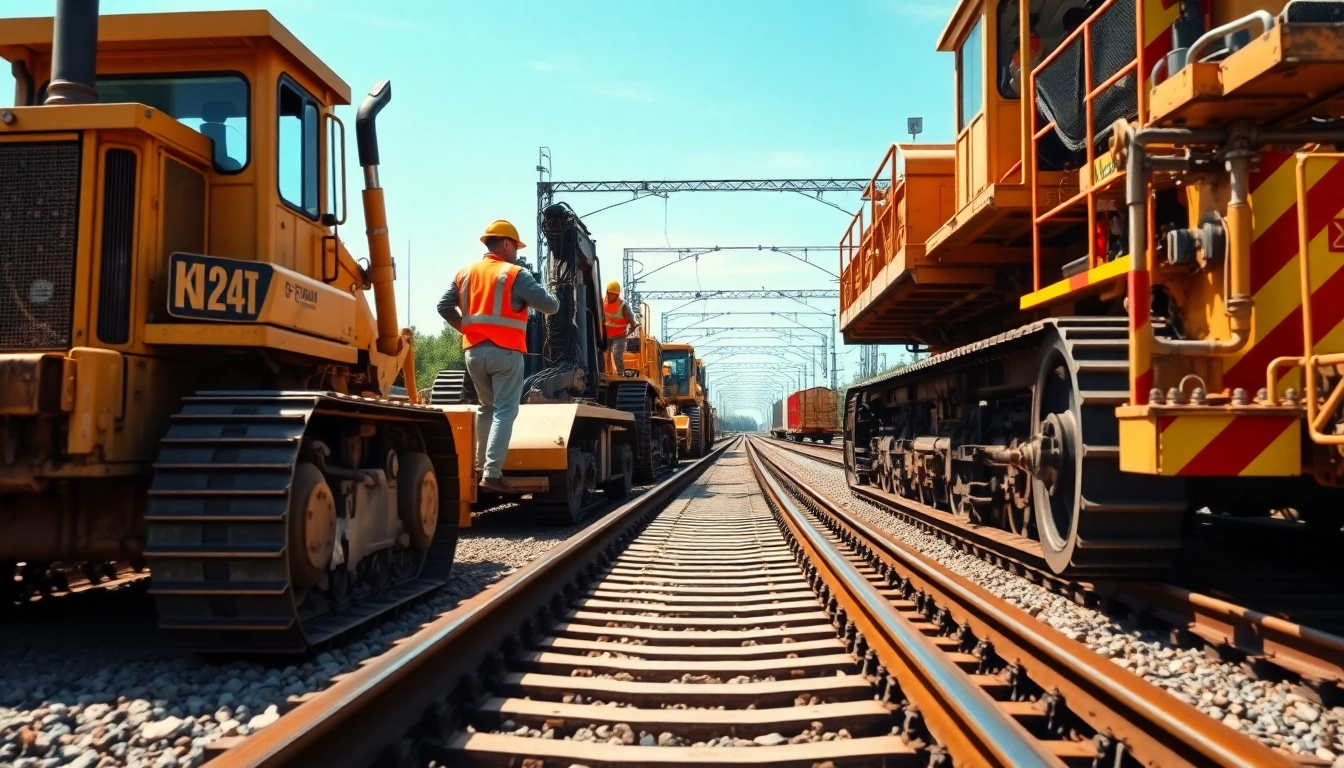 Discover dedicated workers laying tracks in a vibrant construction scene, Railroad Contractors Near Me.