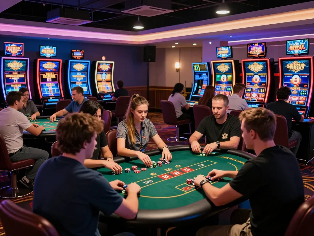 Players enjoying various games at 23win's dynamic online casino, featuring vibrant graphics and an exciting atmosphere.