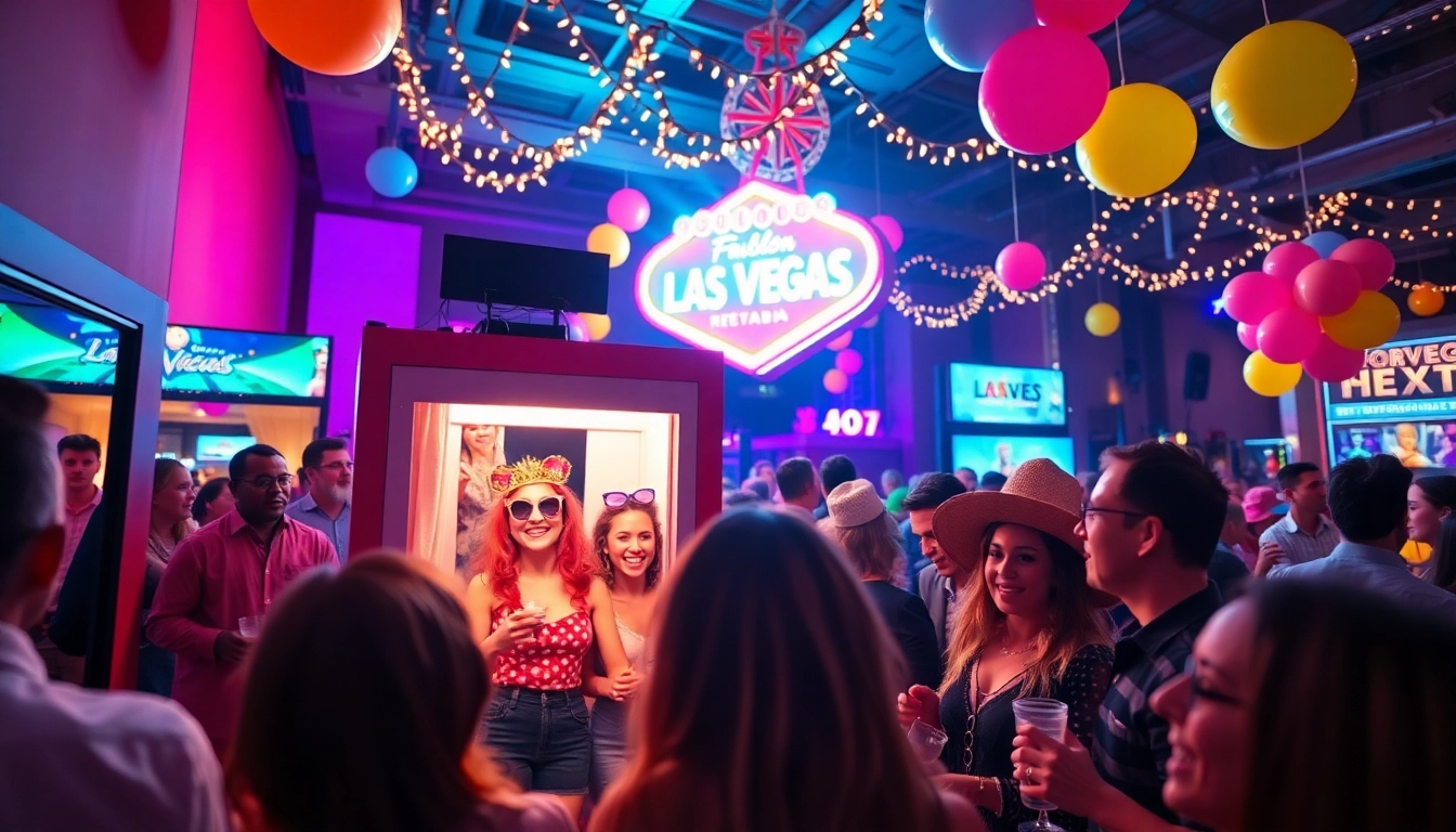 Las Vegas Photo Booth Rental with colorful props and joyful guests celebrating at a party.