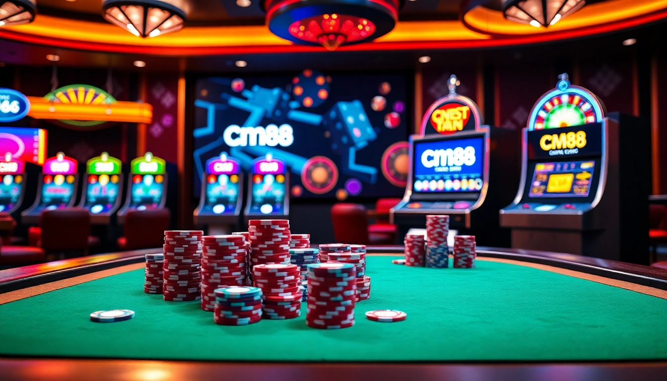 Experience high-stakes action at cm88 casino with vibrant gambling tables and slot machines.