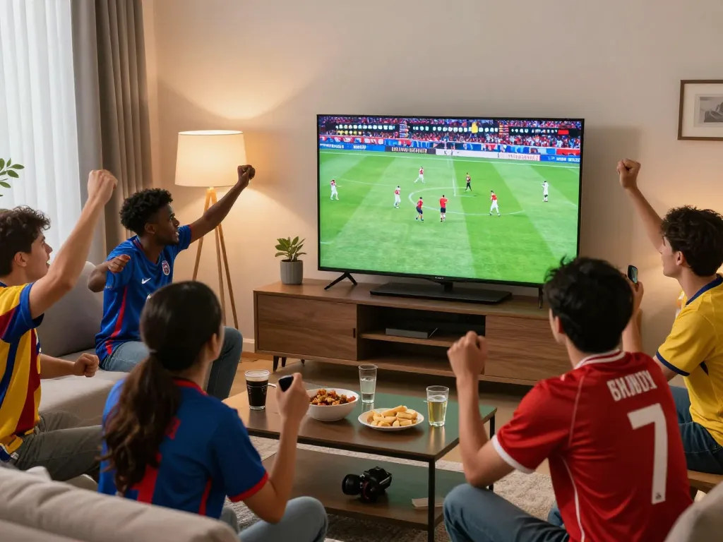Excited fans watching Cakhia tv live football stream in a cozy living room.
