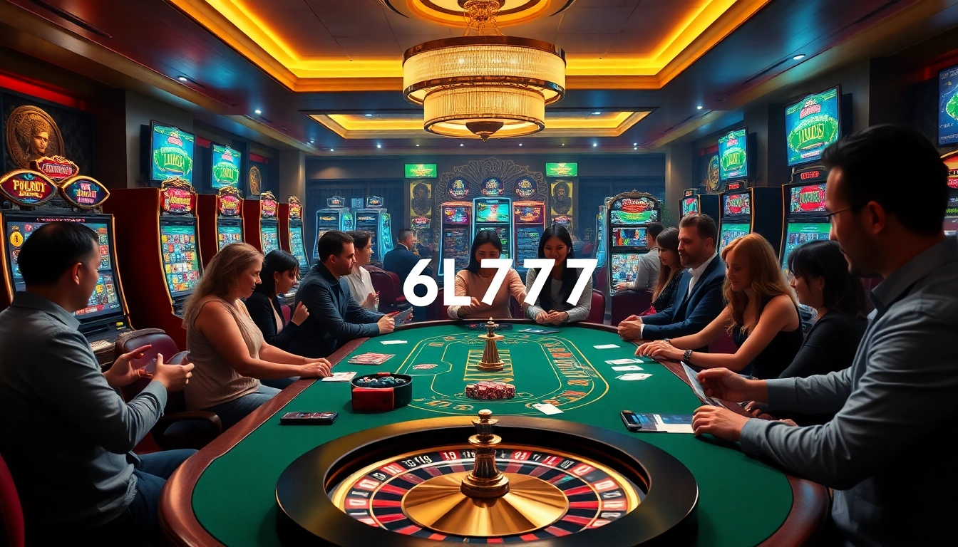 Players enjoying a high-stakes poker game and slot machines at 6L777 casino.