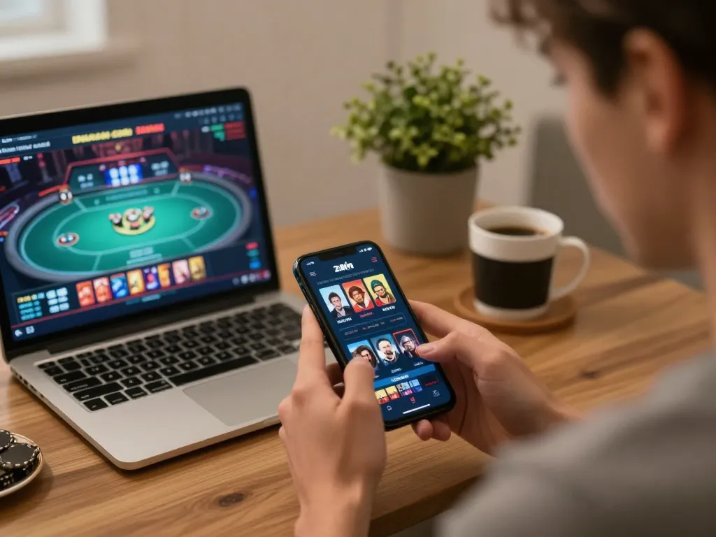 Engaging with the 23win casino app on smartphone in a cozy home setting.