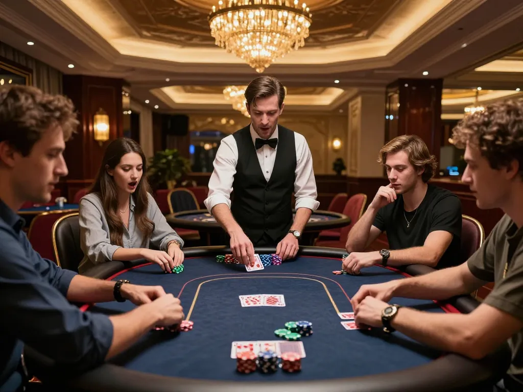 SBOBET players placing bets at a luxurious casino poker table showcasing excitement and strategy.