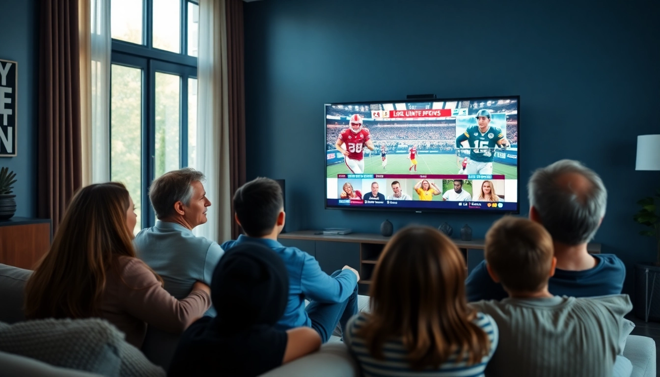 Experience live tv streaming in a vibrant living room setting with a diverse family enjoying entertainment.