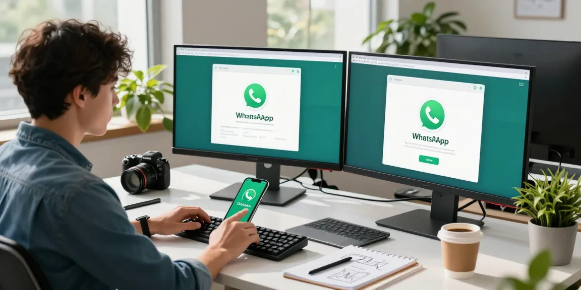 WhatsApp下載 process in a modern workspace with dual monitors and creative atmosphere.